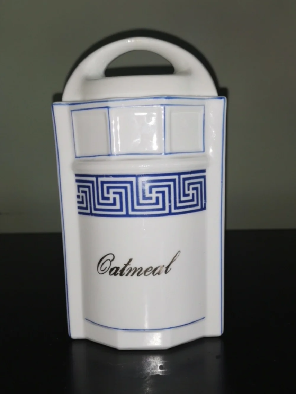 White Ceramic Oatmeal Canister with Blue Greek Key Trim Made in Germany